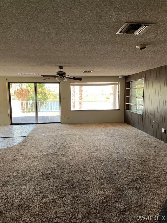 Carpeted empty room featuring wood walls, a health