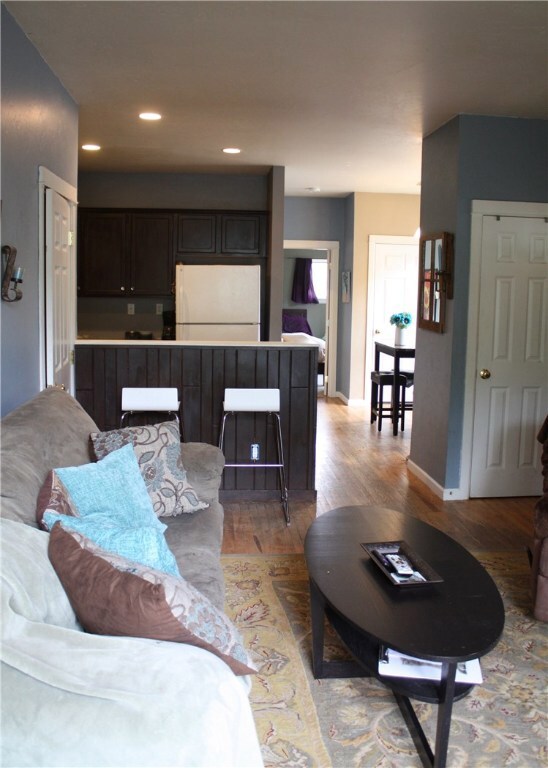 Open floor plan from living room showing kitchen,