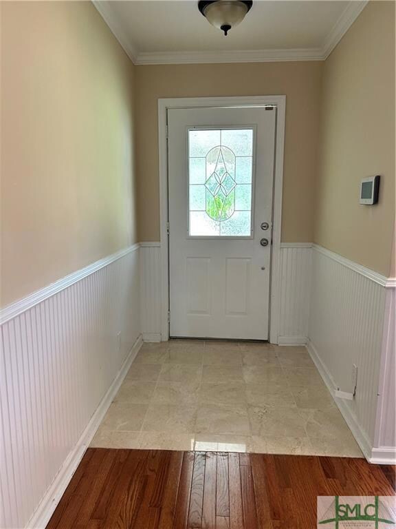 Entry with glass insert door.  Tile floor and b-bo