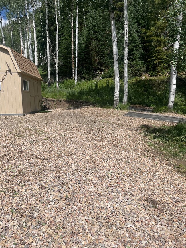 View of yard featuring a storage shed