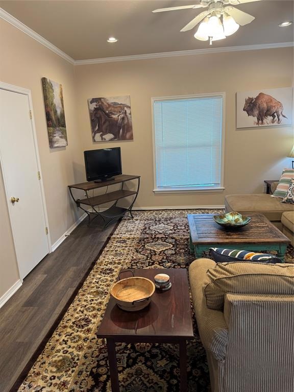 Living area featuring wood finished floors, ceiling fan, ornamental molding, and recessed lighting