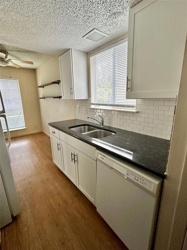 Kitchen with a sink, white dishwasher, dark count