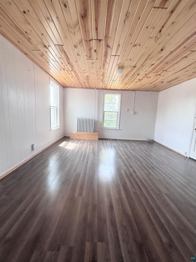 Spare room featuring wooden ceiling and dark wood-type flooring