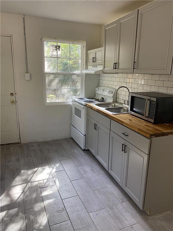 Kitchen with stainless steel microwave, white rang