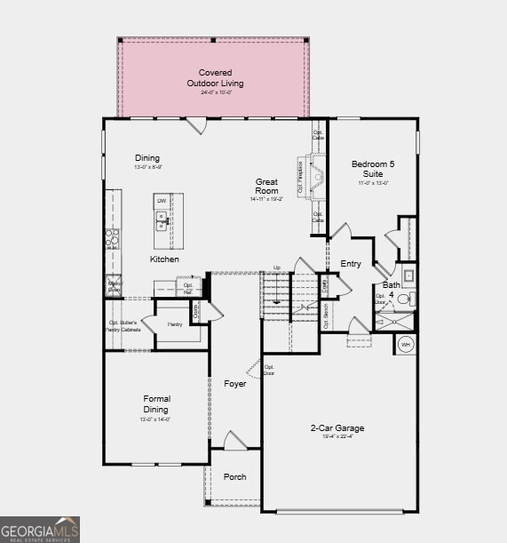 First Floor Plan - Additional highlights include: an expansive covered back patio, fireplace in the great room, butler's pantry, and a soaking tub with a separate shower in the primary bathroom