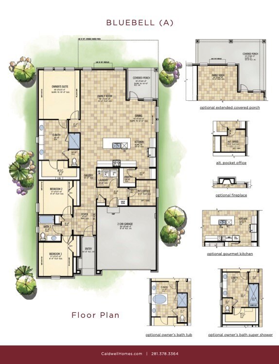 The 1-story Bluebell floorplan features over 2,000 square feet of living space, 3 bedrooms and 2 full baths.