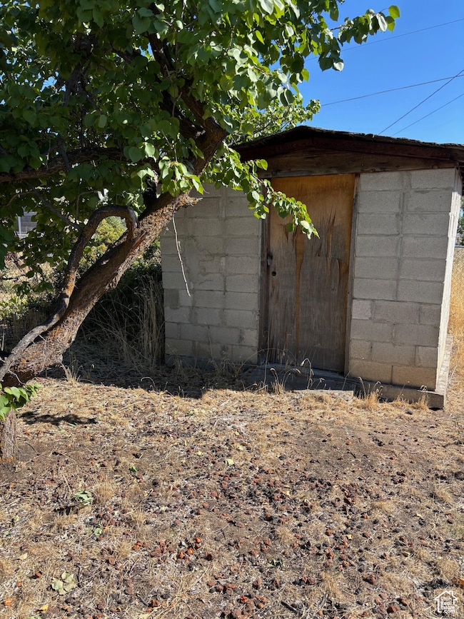 View of yard with a shed