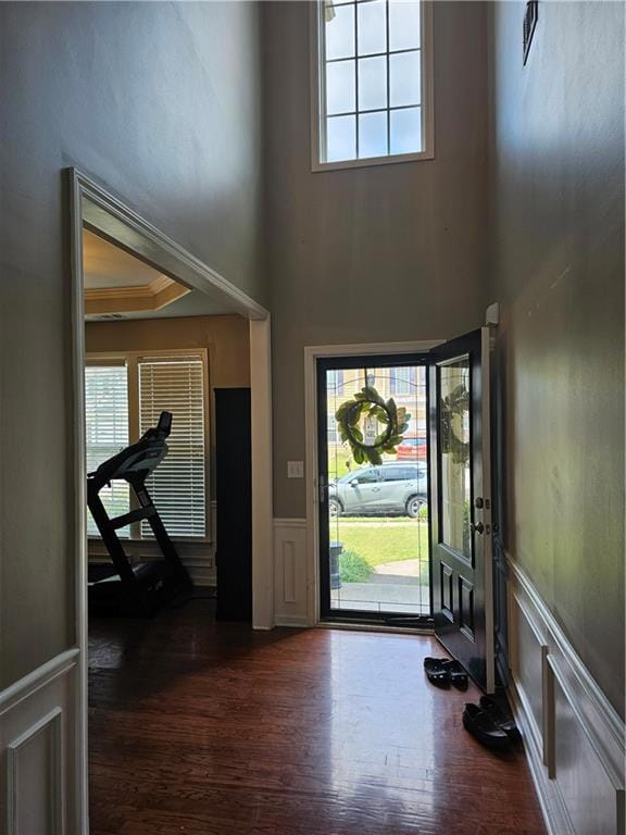 Entrance foyer with a towering ceiling, wainscoting, a decorative wall, and dark wood-style flooring