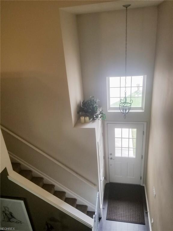 A view of the front door from the second story lof