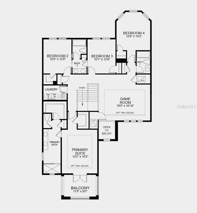 Second Floor Plan - Structural options added include: gourmet kitchen, tray ceilings at primary suite, flex space, and game room, pocket sliding glass door at gathering room, 8' interior doors, and single pocket door at study
