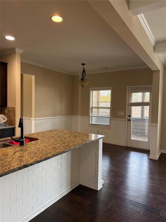 Kitchen with a sink, a wainscoted wall, healthy amount of natural light, crown molding, and dark wood finished floors