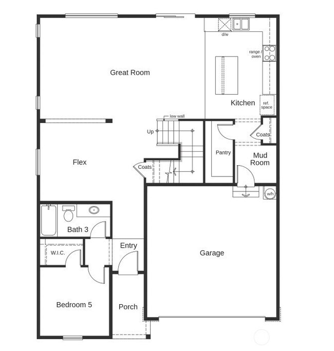 Main floor layout with bedroom and full bathroom, flex space and open concept living