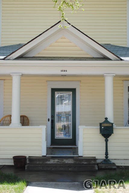 Beveled glass front door.