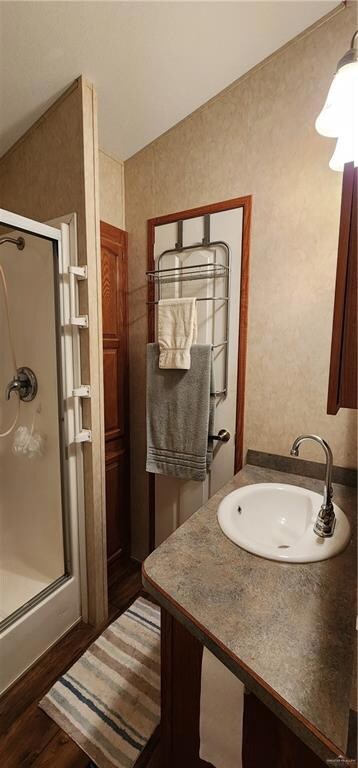 Bathroom with walk in shower, wood-type flooring, and vanity