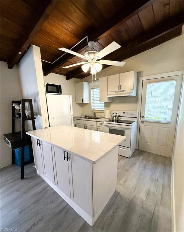 Kitchen with white cabinetry, sink, white applianc