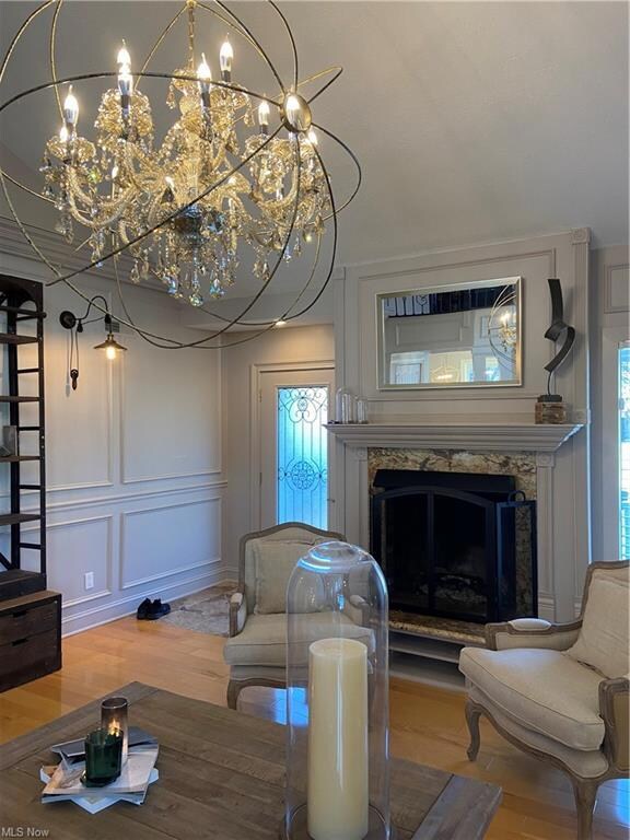 Front door and fireplace