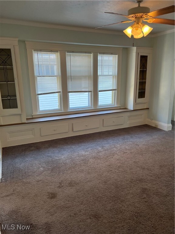 Spare room featuring a wealth of natural light, ornamental molding, ceiling fan, and carpet flooring