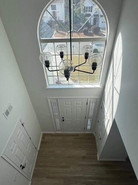 Foyer featuring dark wood-style floors, healthy amount of natural light, and a high ceiling