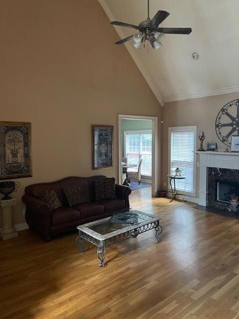 Living room with a high end fireplace, ceiling fan