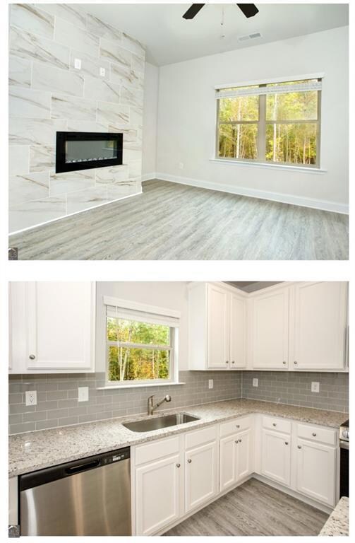 Kitchen featuring a sink, white cabinetry, visible vents, and dishwasher