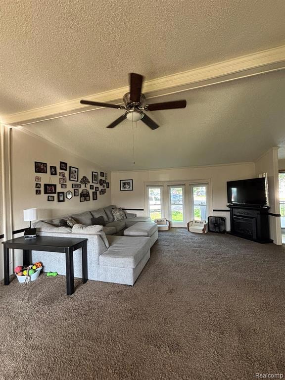 Living area featuring a textured ceiling, carpet, and a ceiling fan