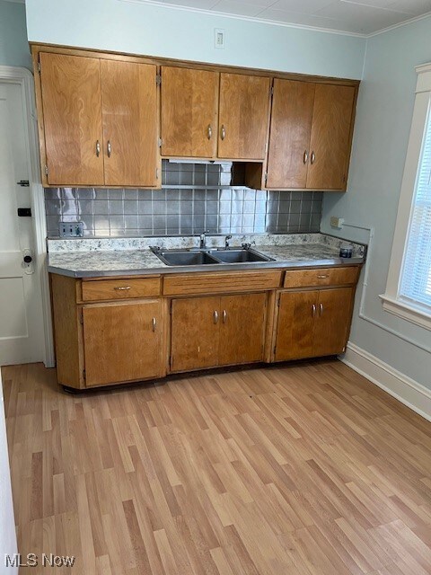 Kitchen featuring ornamental molding, light hardwood / wood-style floors, sink, and backsplash