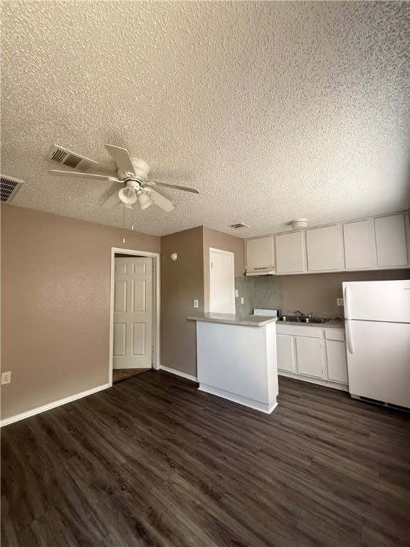 Kitchen featuring freestanding refrigerator, dark
