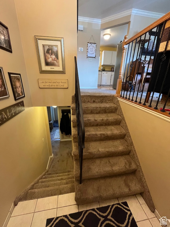 Stairs featuring tile entry,  and carpeted stairs