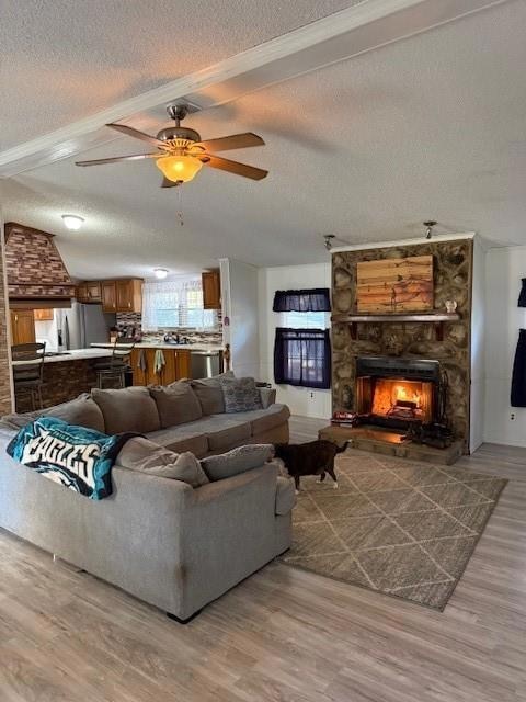 Living area featuring a fireplace, light wood finished floors, a textured ceiling, healthy amount of natural light, and vaulted ceiling