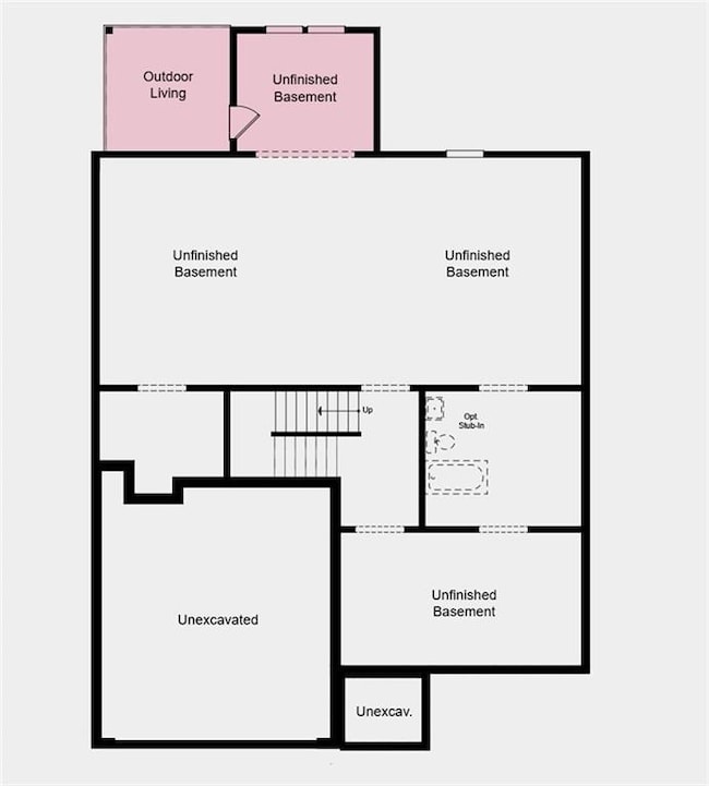 Unfinished Basement Floor Plan -  Additional highlights include: unfinished basement, main floor bedroom with a full bathroom, an additional bathroom upstairs, covered back patio with sunroom, and shower with a separate tub in the primary bathroom