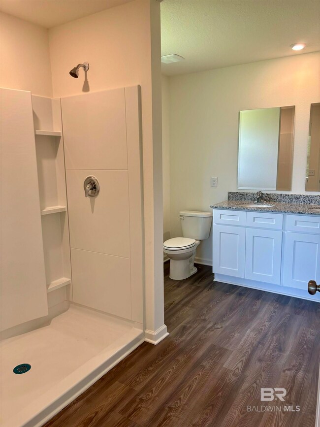 Bathroom with vanity, walk in shower, toilet, and hardwood / wood-style floors