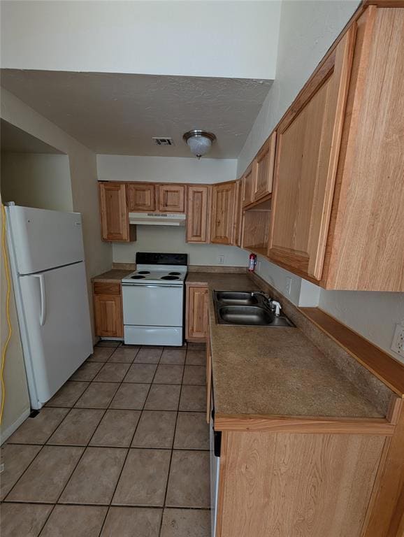 Kitchen featuring sink, white appliances, tile pat