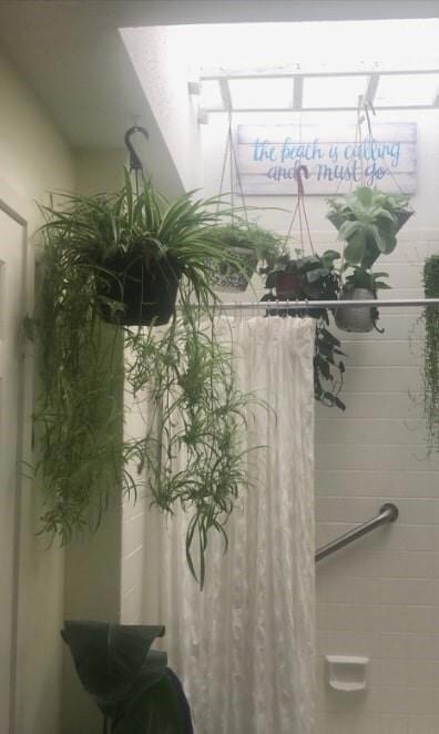 Details with a shower with shower curtain