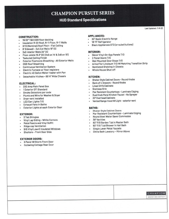 Champion Home Specs