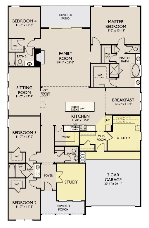 The 1-story Waverly floorplan includes a private study, sitting room, open concept kitchen and family room, 4 bedrooms, 3 full baths and 1 half bath.
