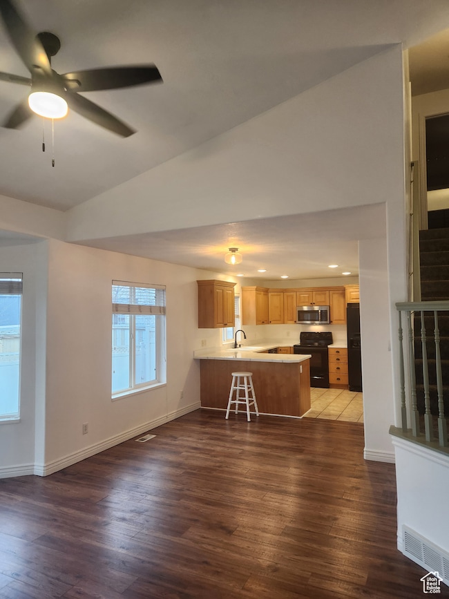 Vaulted ceiling, sink, light hardwood / wood-style floors, and ceiling fan