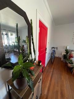 Hall featuring crown molding and hardwood / wood-style floors