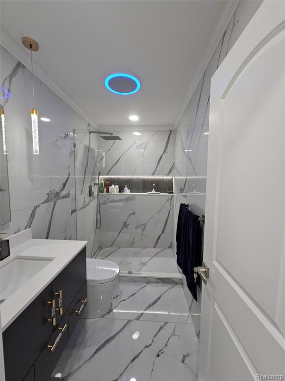 Bathroom featuring stone wall, vanity, light marble finish flooring, a marble finish shower, and tile walls