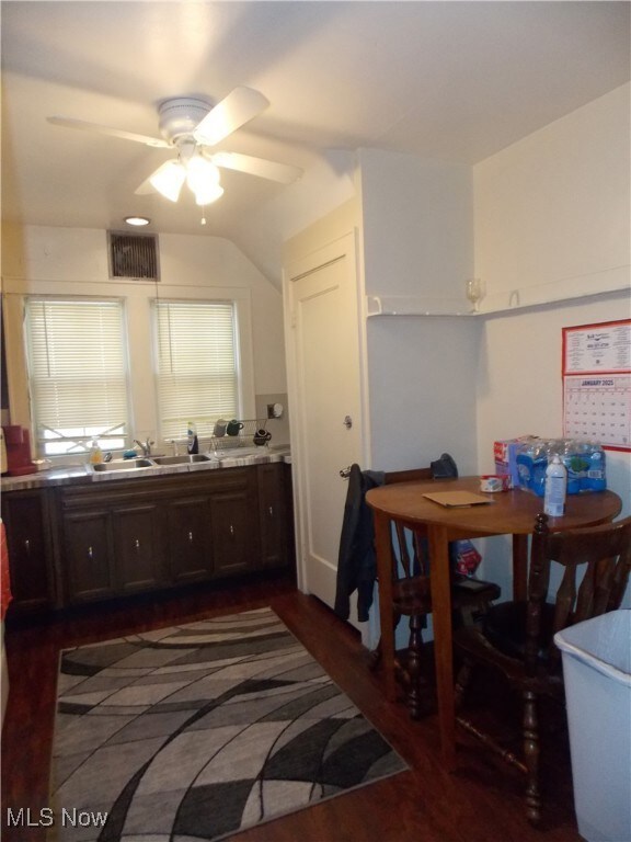 Kitchen featuring dark brown cabinetry, ceiling fan, sink, and dark hardwood / wood-style floors