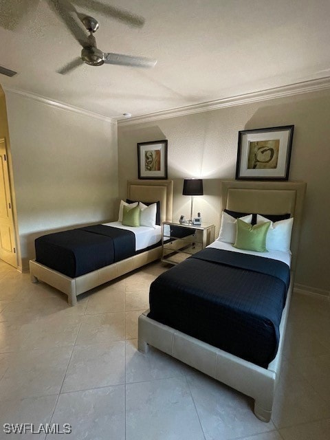 Tiled bedroom with a textured ceiling, ceiling fan