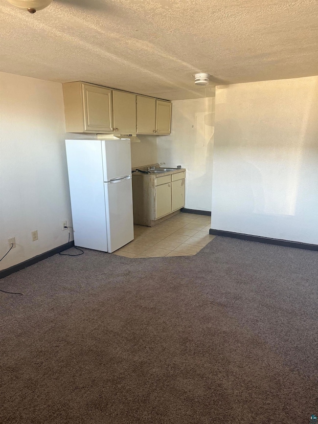 Kitchen featuring freestanding refrigerator, a tex