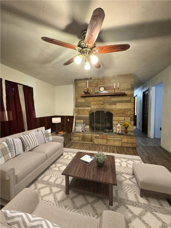 With Stone fireplace