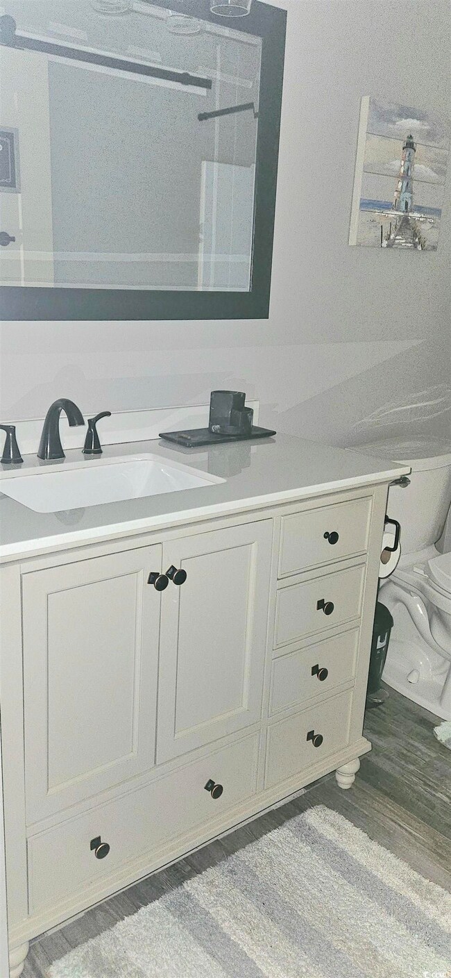 Bathroom with toilet, vanity, and wood finished fl