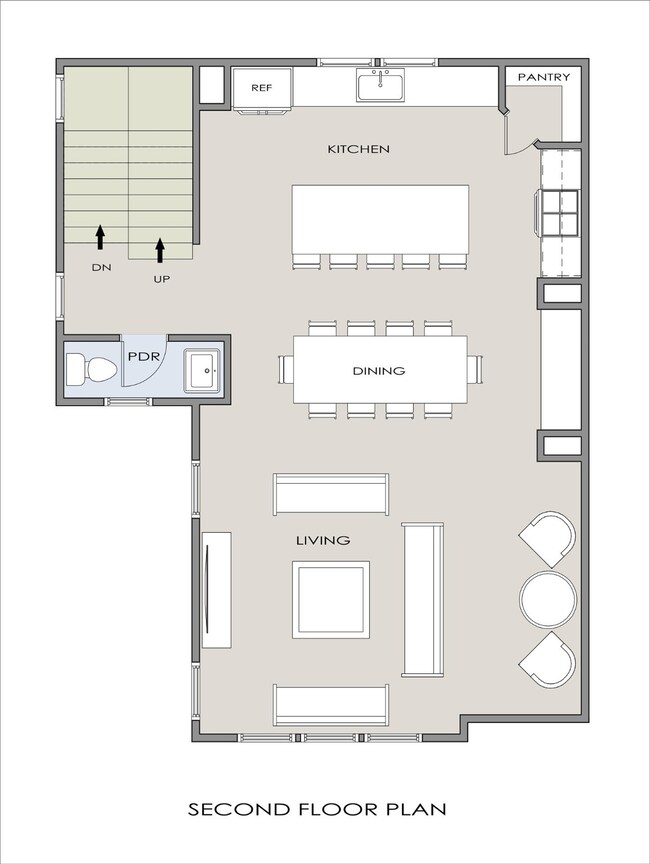 Second floor living - kitchen, half bathroom, brea