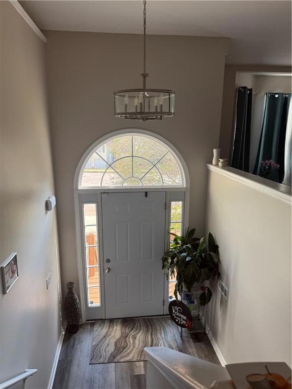 Entryway with wood finished floors, a towering ceiling, and a chandelier