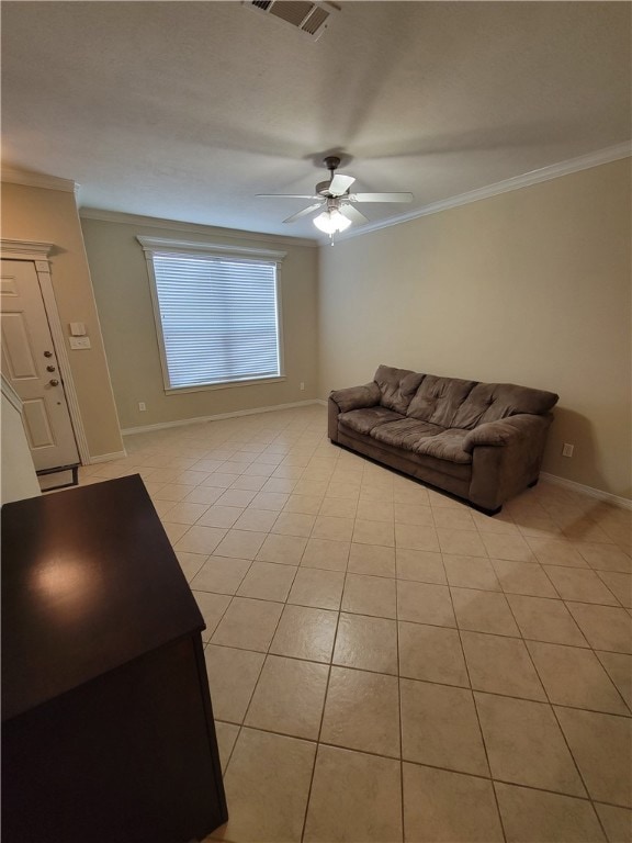 Unfurnished living room featuring crown molding, light tile patterned floors, and ceiling fan