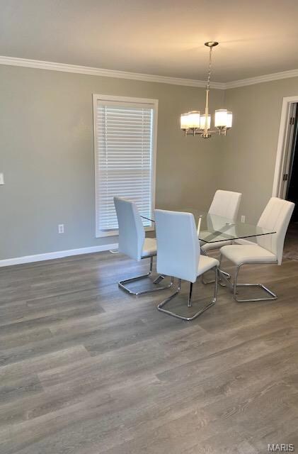 Dining room featuring ornamental molding, wood finished floors, and a chandelier