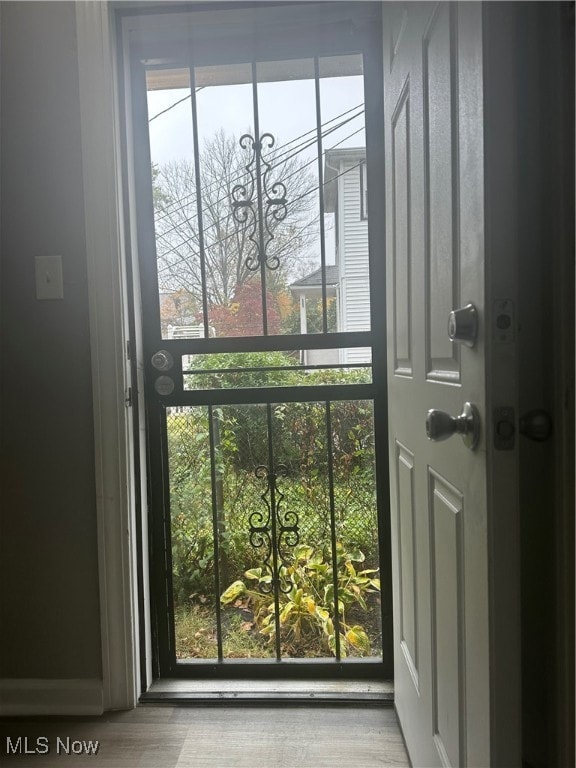 Entryway with plenty of natural light and wood finished floors