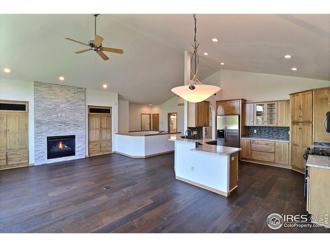 Stacked stone fireplace