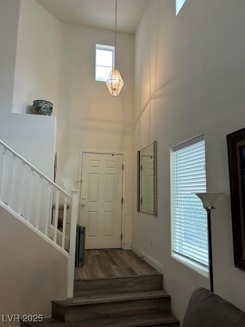 Stairway featuring wood finished floors and a high